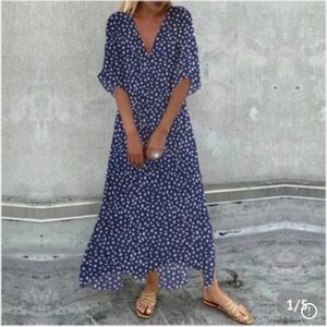 Blue and White Flutter Sleeve V-Neck Maxi Sundress